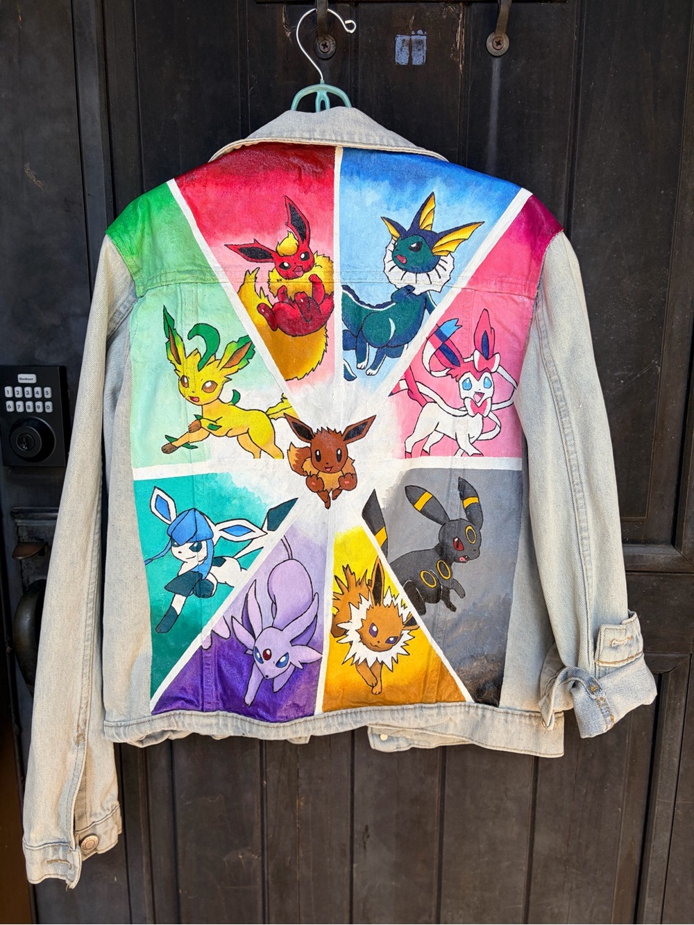 Custom Painted oversized Denim Jacket Colorful Pokemon Eeveelutions